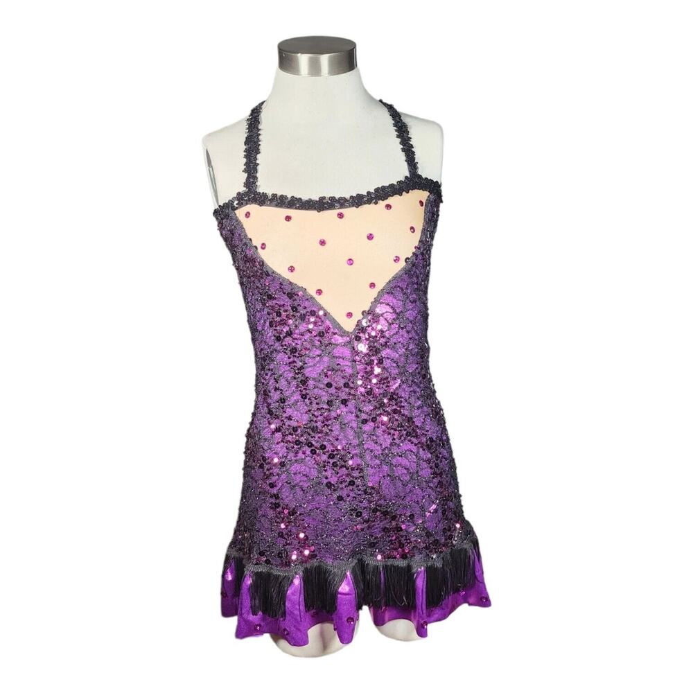 Halloween Costume Sparkly Purple Dress Dancer Flapper Sequins Lace Fringe VGUC